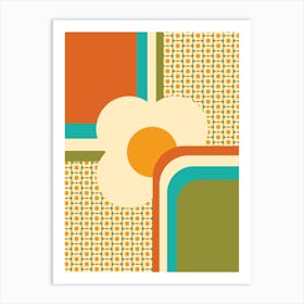 Retro 70s Geometric Floral, Green, Teal, Orange Art Print