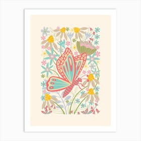 BUTTERFLY LANDING Delicate Bugs Floral with Pastel Garden Flowers Red Turquoise Art Print