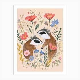 Folksy Floral Animal Drawing Badger Art Print