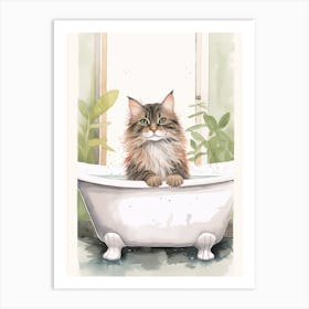 Norwegian Forest Cat In Bathtub Botanical Bathroom 1 Art Print