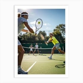 An Energetic Tennis Match In Progress At An Outdoor Courts Players Lobbing Yellow Tennis Balls With (1) Art Print