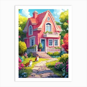 Pink House In The Garden Art Print