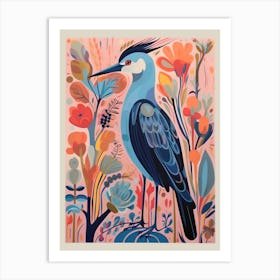 Colourful Scandi Bird Great Blue Heron 2 Art Print