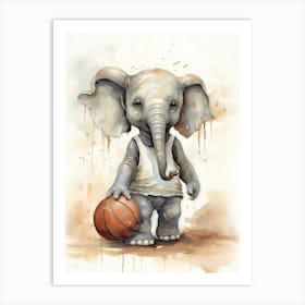 Elephant Painting Playing Basketball Watercolour 1 Art Print