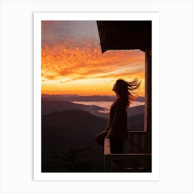 Woman Basking In Sunsets Glow On A Mountain Porch Silhouette Against A Sky Painted With Hues Of Or 2 1 Art Print