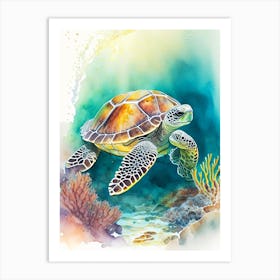 A Single Sea Turtle In Coral Reef, Sea Turtle Cute Neon 1 Art Print