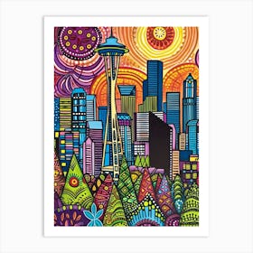 Kitsch Colourful Seattle Inspired Cityscape 1 Art Print