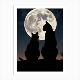 Silhouette Of Two Cats Under A Full Moon 6 Art Print