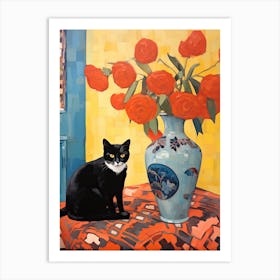 Pansy Flower Vase And A Cat, A Painting In The Style Of Matisse 0 Art Print