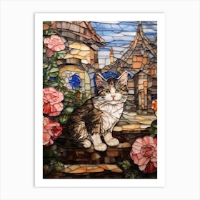 Mosaic Of A Cat & Pink Flowers In Front Of A Medieval Village Art Print