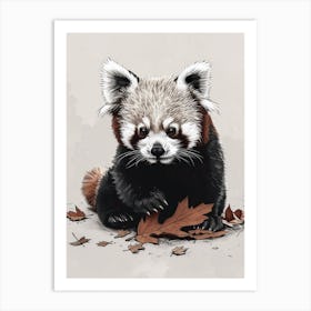 Red Panda Cub Playing With A Fallen Leaf Ink Illustration 2 Art Print