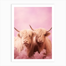 Two Highland Cows Pink Portrait 2 Art Print