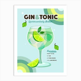 Gin and Tonic cocktail - Retro rainbow blue and lime green Art Print