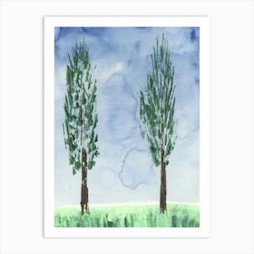 Poplars Against Blue Sky - hand painted landscape modern contemporary Art Print