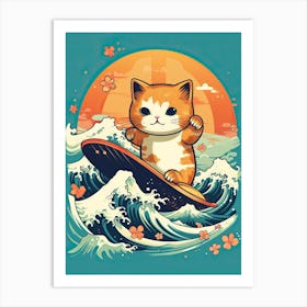 Kawaii Cat Drawings Surfing 1 Art Print