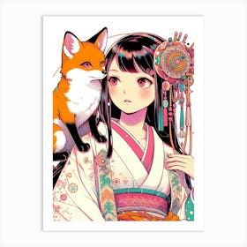 Japanese Girl With Fox Art Print