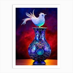 Bird With Radiant Iridescent Feathers Perched On An Ornately Decorated Pot Amidst A Flow Of Vibran Art Print