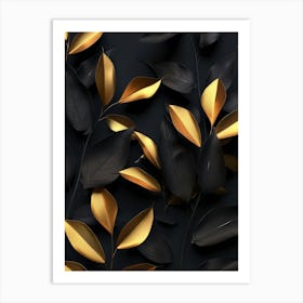 Gold Leaves On Black Background 4 Art Print