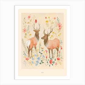 Folksy Floral Animal Drawing Elk 3 Poster Art Print