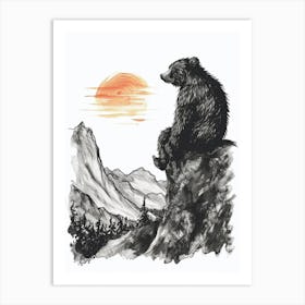 Malayan Sun Bear Looking At A Sunset From A Mountain Ink Illustration 3 Art Print