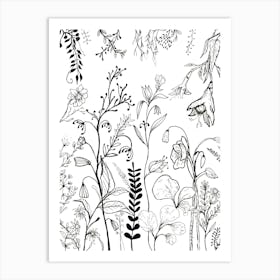 Flowers In Black And White Line Art Art Print