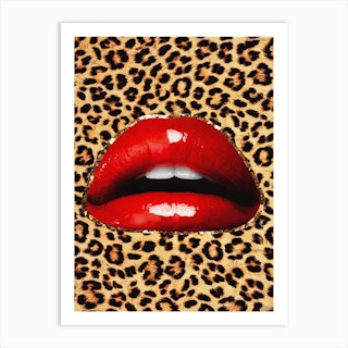 Leopard Lip Glitter Collage Red & Brown Art Print