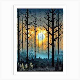 Forest At Sunset 2, Forest, sunset,   Forest bathed in the warm glow of the setting sun, forest sunset illustration, forest at sunset, sunset forest vector art, sunset, forest painting,dark forest, landscape painting, nature vector art, Forest Sunset art, trees, pines, spruces, and firs, black, blue and yellow Art Print