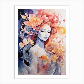 Watercolor Of A Woman With Flowers Art Print