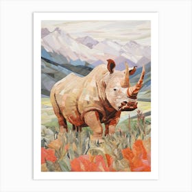 Patchwork Floral Rhino With Mountain In The Background 7 Art Print