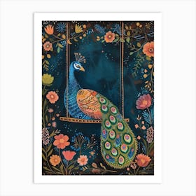 Folky Floral Peacock At Night On A Wooden Swing Art Print
