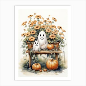 Cute Bedsheet Ghost, Botanical Halloween Watercolour 73 Art Print