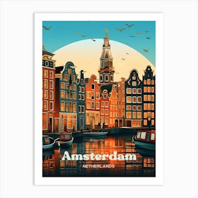 Amsterdam Netherlands Night time Cityscape Travel Illustration Art Print