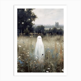 Cute Bedsheet Ghost In Flower Landscape Vintage Style, Halloween Spooky 6 Art Print