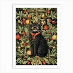 William Morris Style Christmas Cat 1 Art Print
