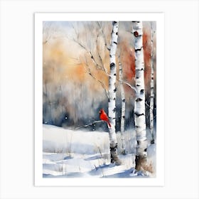 Birch Trees in Winter with Cardinal Art Print