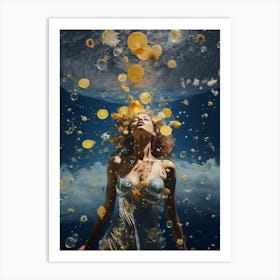 cosmic portrait of woman surround by stardust and lemons Art Print