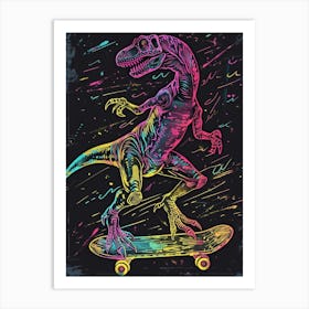 Neon Dinosaur On A Skateboard Art Print