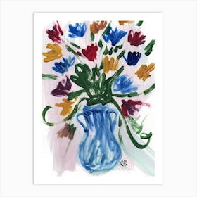Flowers In A Blue Vase contempory expressive abstract maximalism maximalist floral flower hand painted colorful Art Print
