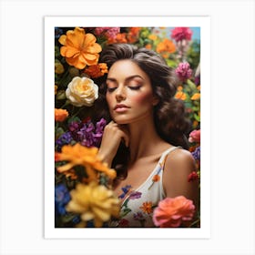 A Portrait Of A Woman Lost In Thought in a garden surrounded by flowers Art Print