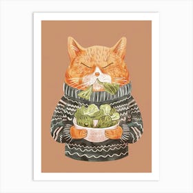 Cute Orange Eating Salad Folk Illustration 2 Art Print