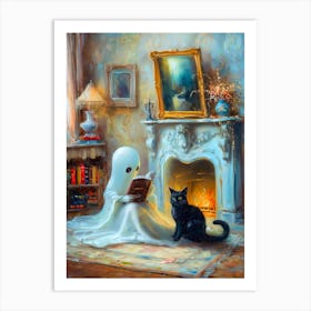 Ghost Reading by Fireplace 2 Art Print