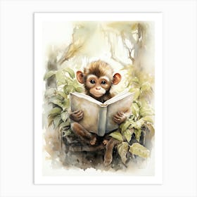 Monkey Painting Reading Watercolour 2 Art Print