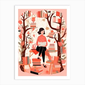 Girl Reading Books In The Forest Art Print