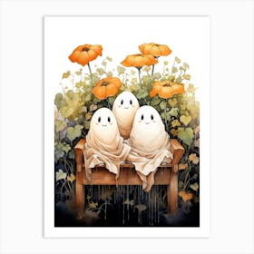 Cute Bedsheet Ghost, Botanical Halloween Watercolour 39 Art Print