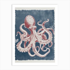 Octopus In Ocean Blue Linocut Background 3 Art Print