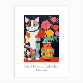 Cats & Flowers Collection Ranunculus Flower Vase And A Cat, A Painting In The Style Of Matisse 0 Art Print