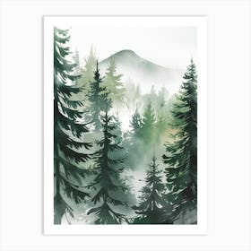 Minimalist Watercolor Art: Foggy forest with tall pines and a distant mountain, evoking tranquility and natural beauty. Art Print