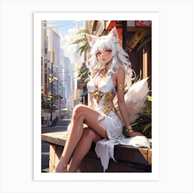 Anime Girl Sitting On A Wall Art Print