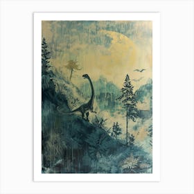 Dinosaur In The Rain On The Hill Painting Art Print