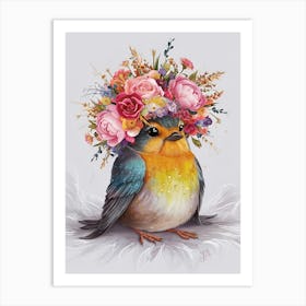 Bird With A Flower Crown European Robin 5 Art Print